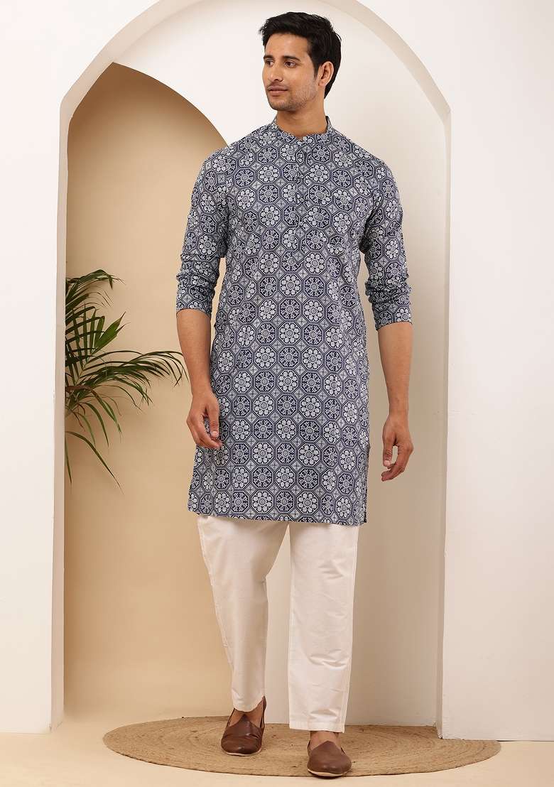 Indigo Machine Embroidered Cotton Kurta Set For Men - Indya