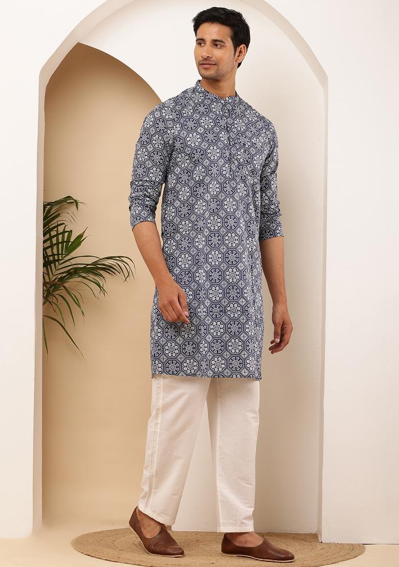 Indigo Machine Embroidered Cotton Kurta Set For Men