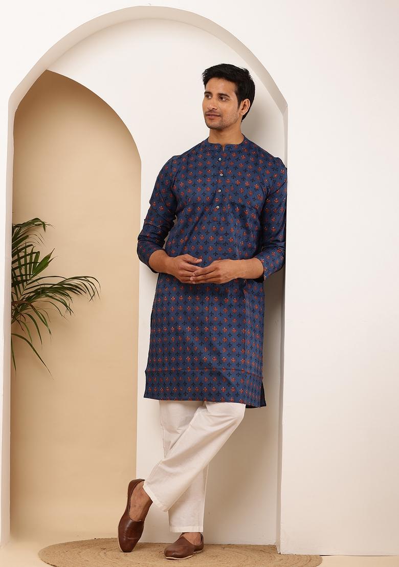 Navy Blue Machine Embroidered Cotton Kurta Set For Men