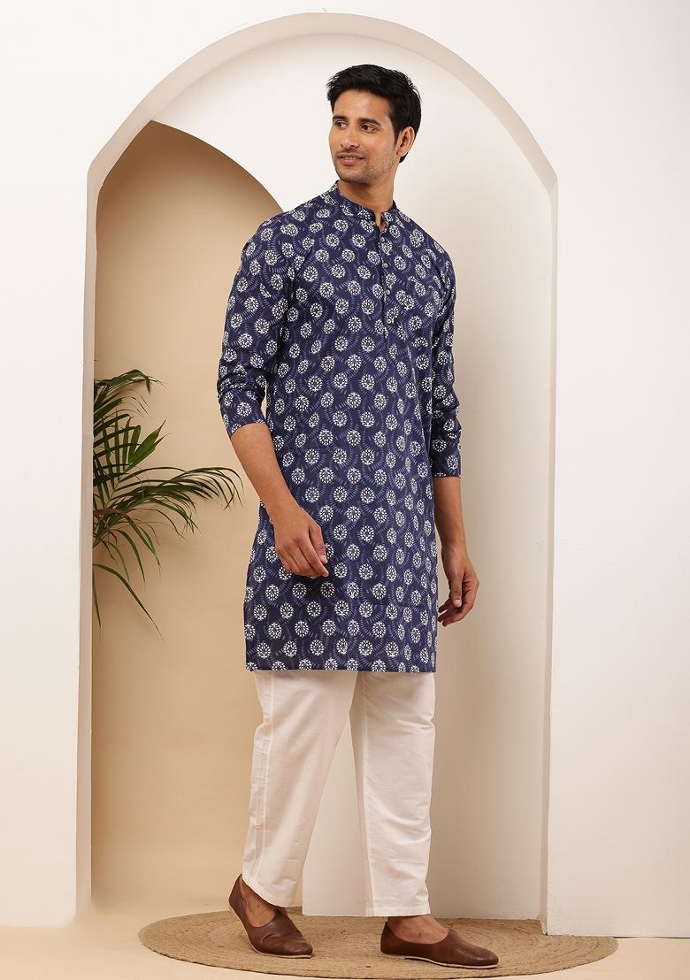 Navy Blue Machine Embroidered Cotton Kurta Set For Men