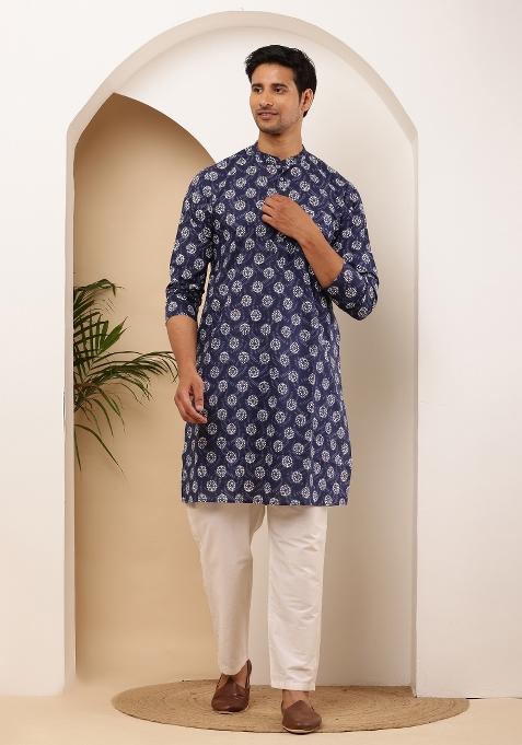 Navy Blue Machine Embroidered Cotton Kurta Set For Men