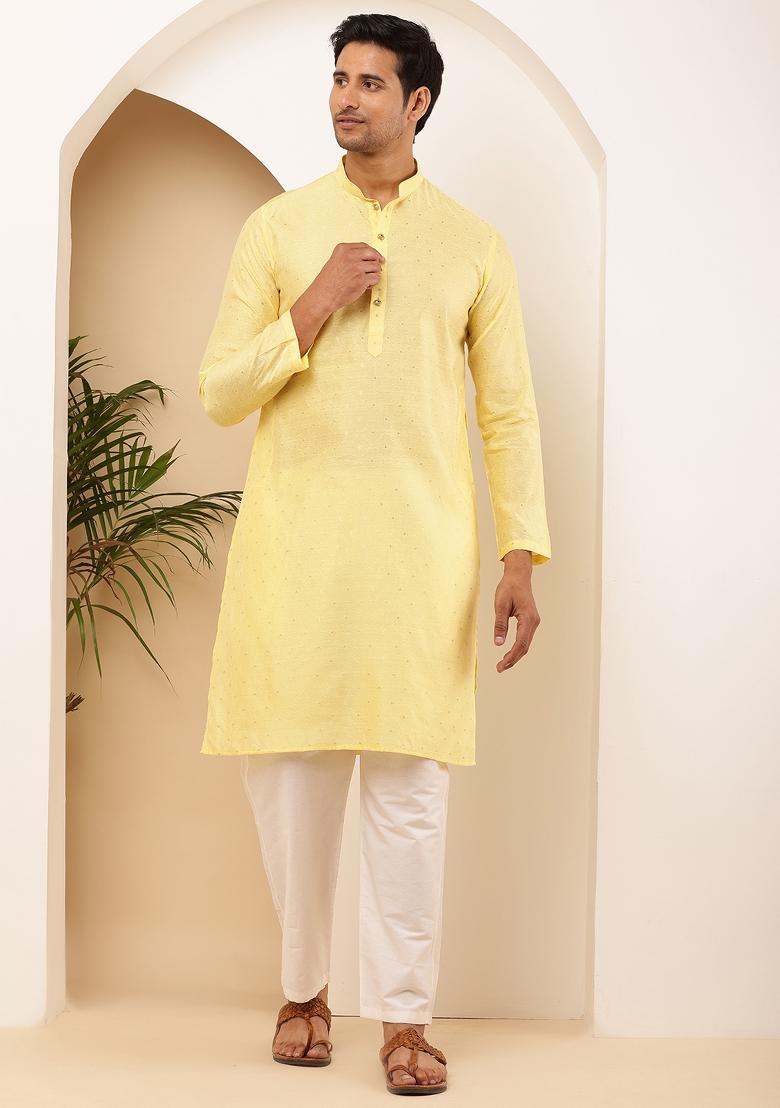 Light Yellow Machine Embroidered Viscose Rayon Kurta Set For Men