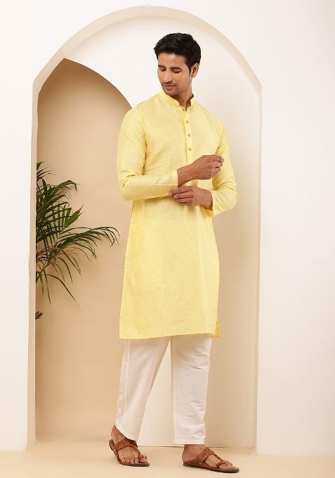 Light Yellow Machine Embroidered Viscose Rayon Kurta Set For Men