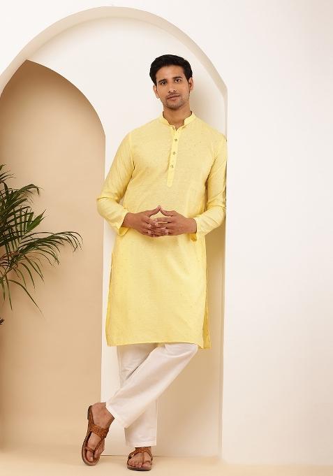 Light Yellow Machine Embroidered Viscose Rayon Kurta Set For Men