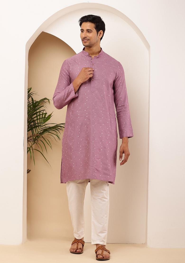 Mauve Machine Embroidered Viscose Rayon Kurta Set For Men