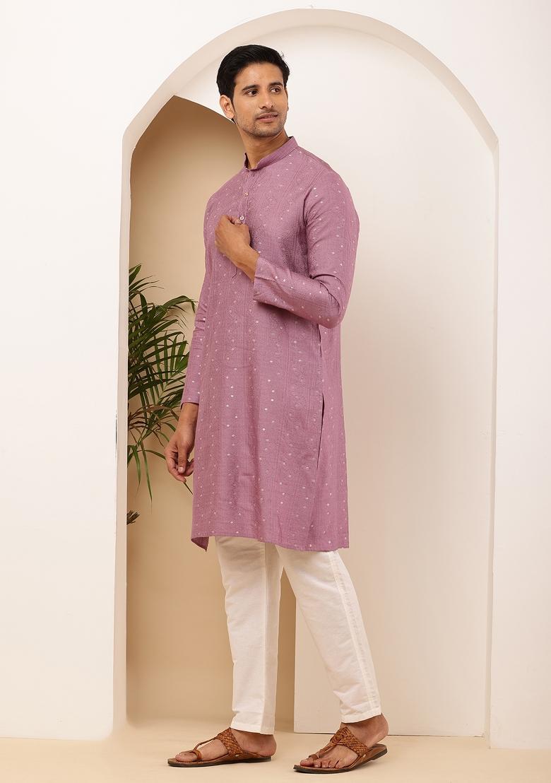Mauve Machine Embroidered Viscose Rayon Kurta Set For Men