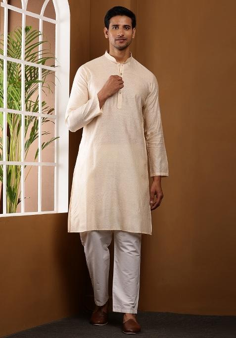 White Machine Embroidered Viscose Rayon Kurta Set For Men