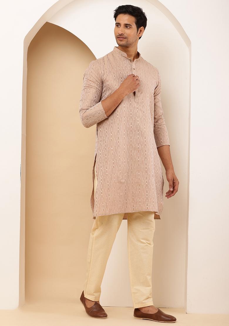 Beige Machine Embroidered Viscose Rayon Kurta Set For Men