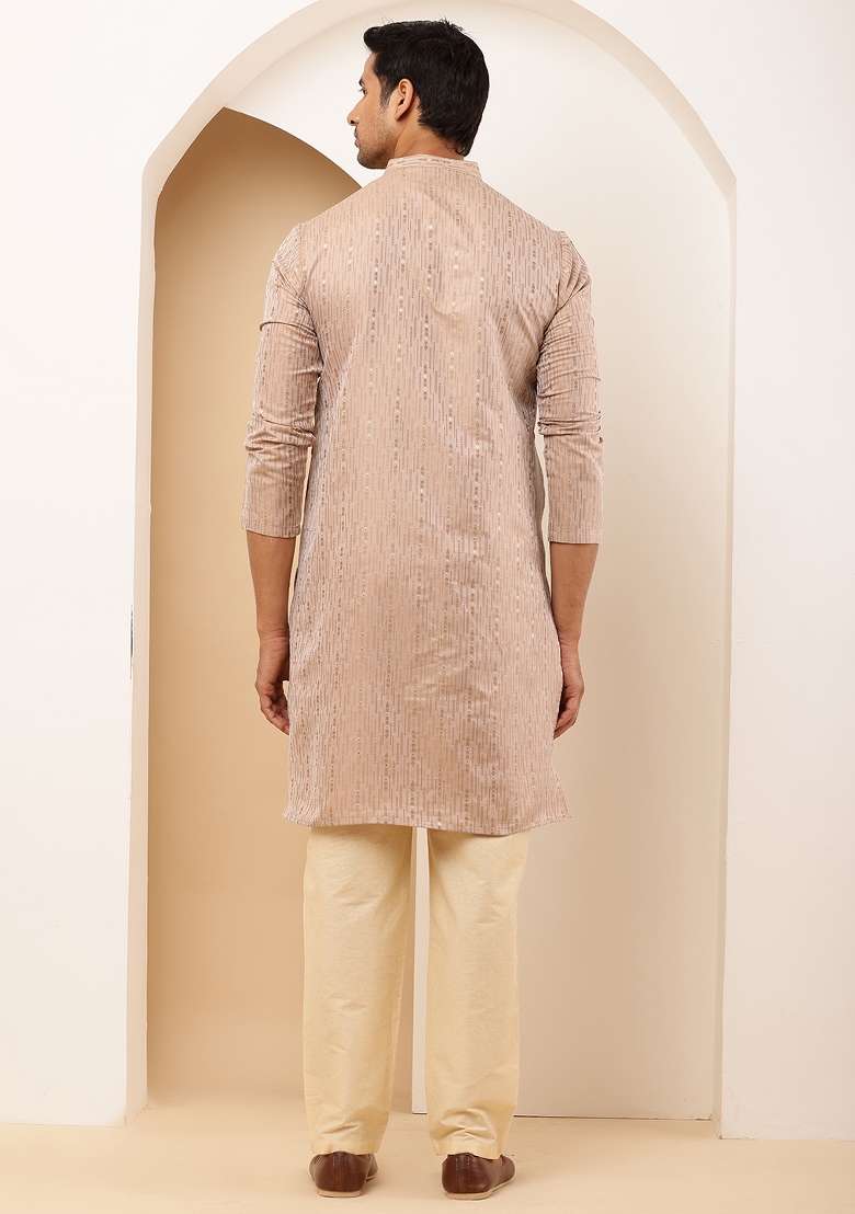 Beige Machine Embroidered Viscose Rayon Kurta Set For Men - Indya