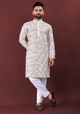Grey Embroidered Silk Kurta Set For Men