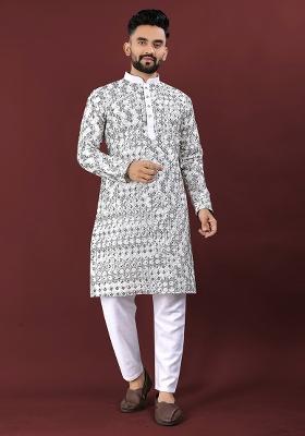 Charcoal Grey Embroidered Silk Kurta Set For Men