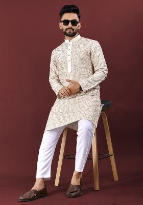 Gold Embroidered Silk Kurta Set For Men