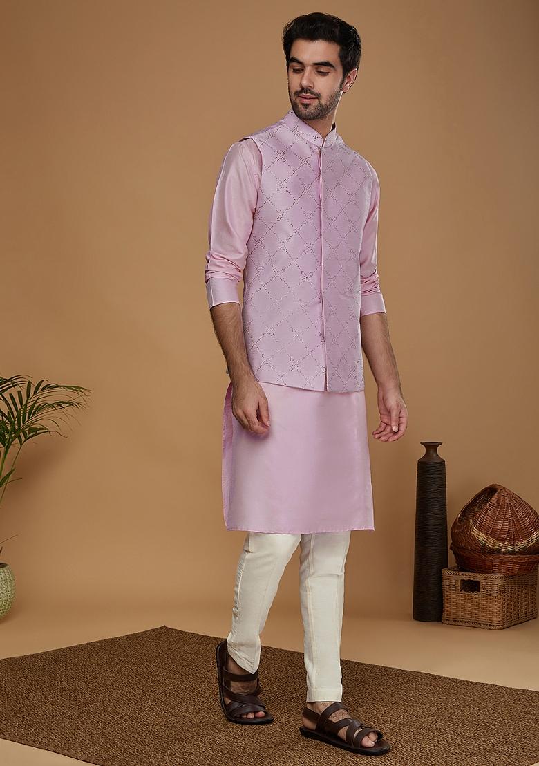 Lavender Embroidererd Silk Blend Nehru Jacket For Men