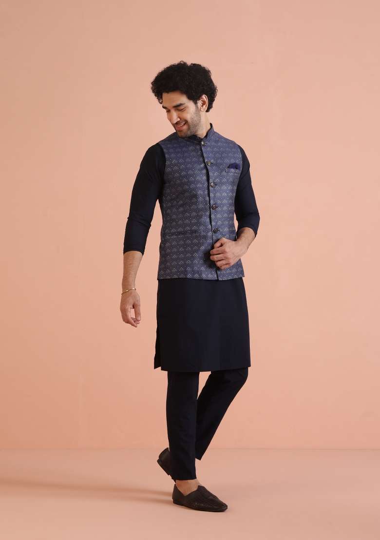 Blue Woven Design Silk Blend Nehru Jacket For Men - Indya
