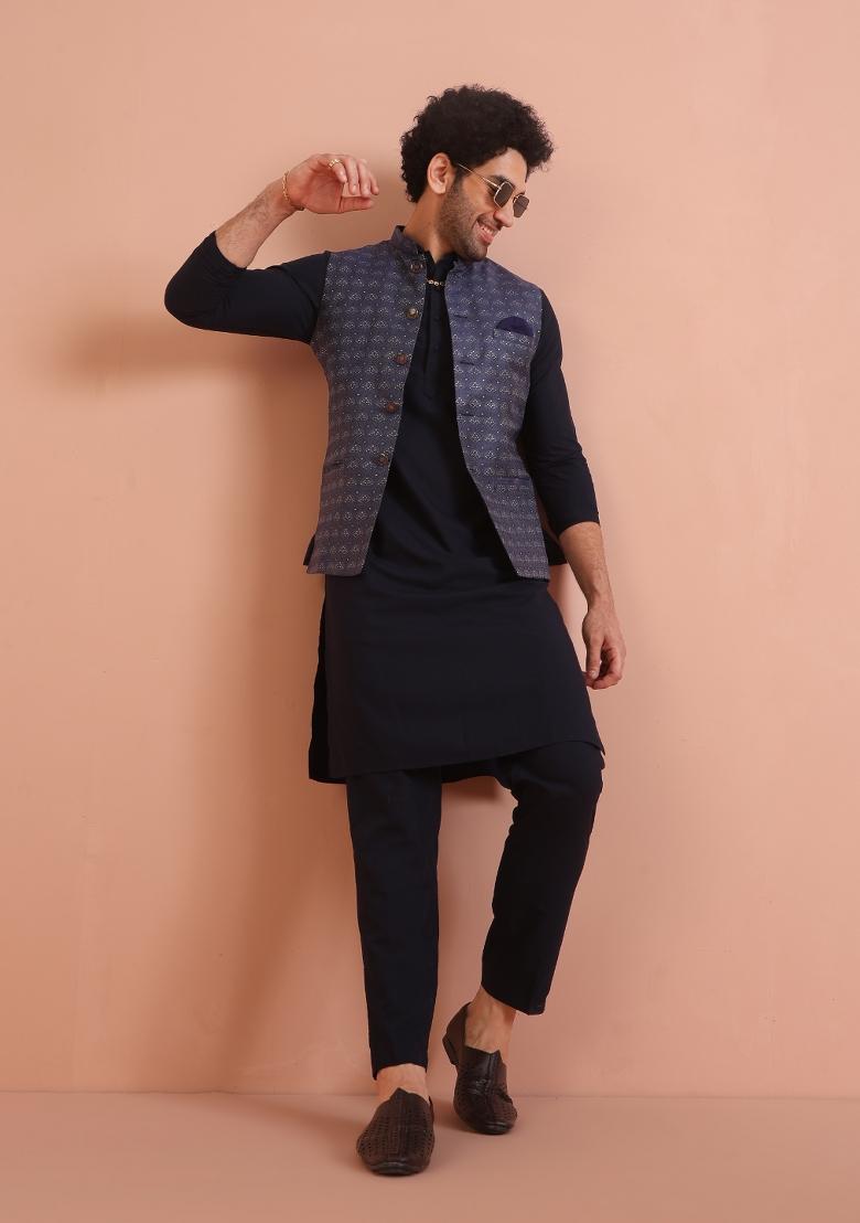 Blue Woven Design Silk Blend Nehru Jacket For Men