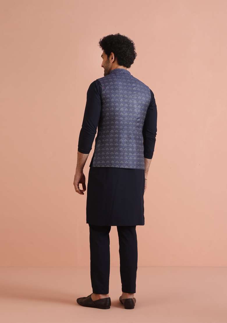 Blue Woven Design Silk Blend Nehru Jacket For Men - Indya