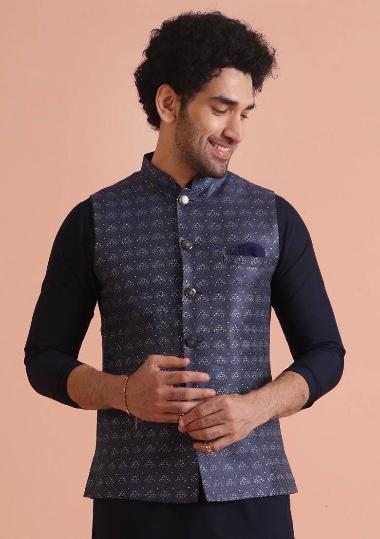 Blue Woven Design Silk Blend Nehru Jacket For Men