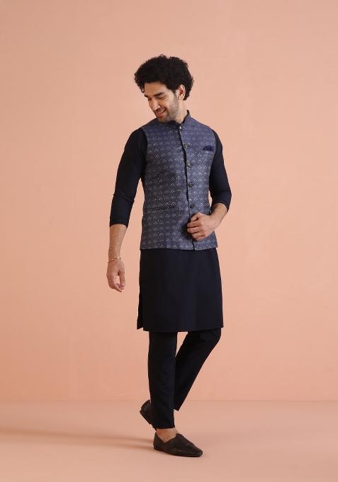 Blue Woven Design Silk Blend Nehru Jacket For Men — view on Indya