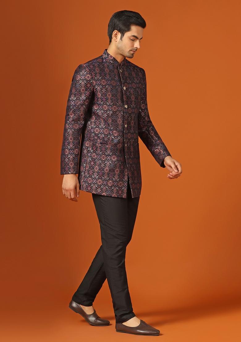Black Woven Design Jacquard Bandhgala For Men
