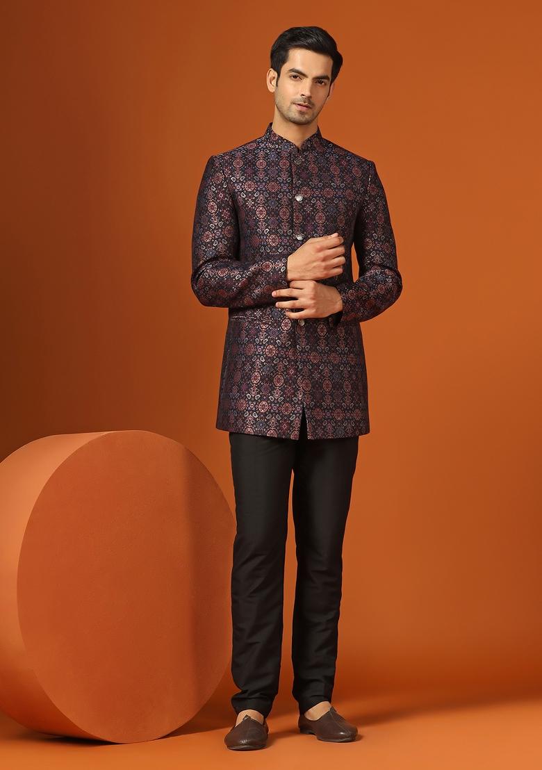 Black Woven Design Jacquard Bandhgala For Men