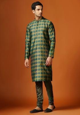 Green Digital Print Blended Kurta For Men