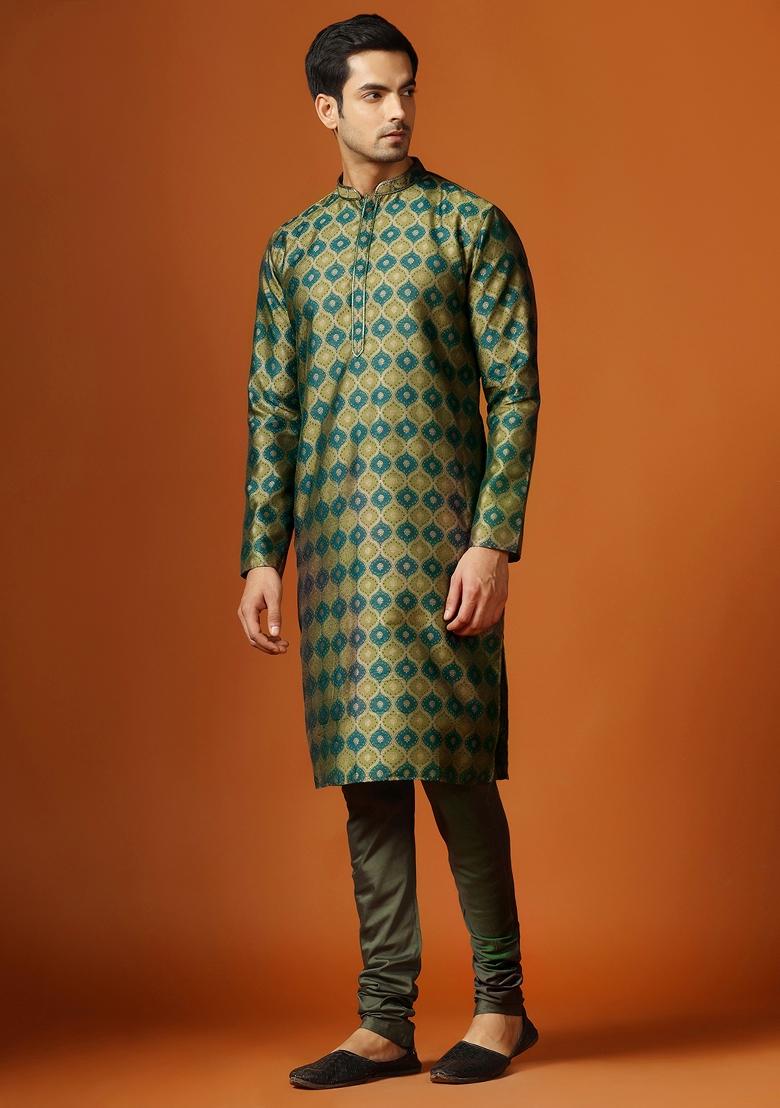 Green Digital Print Blended Kurta For Men