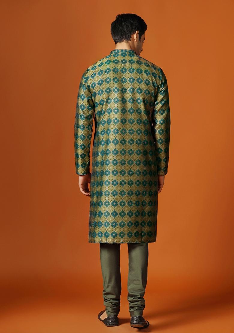 Green Digital Print Blended Kurta For Men