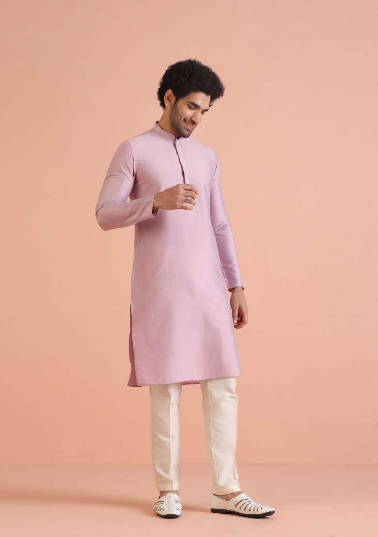 Onion Pink Solid Cotton Blend Kurta For Men - Indya