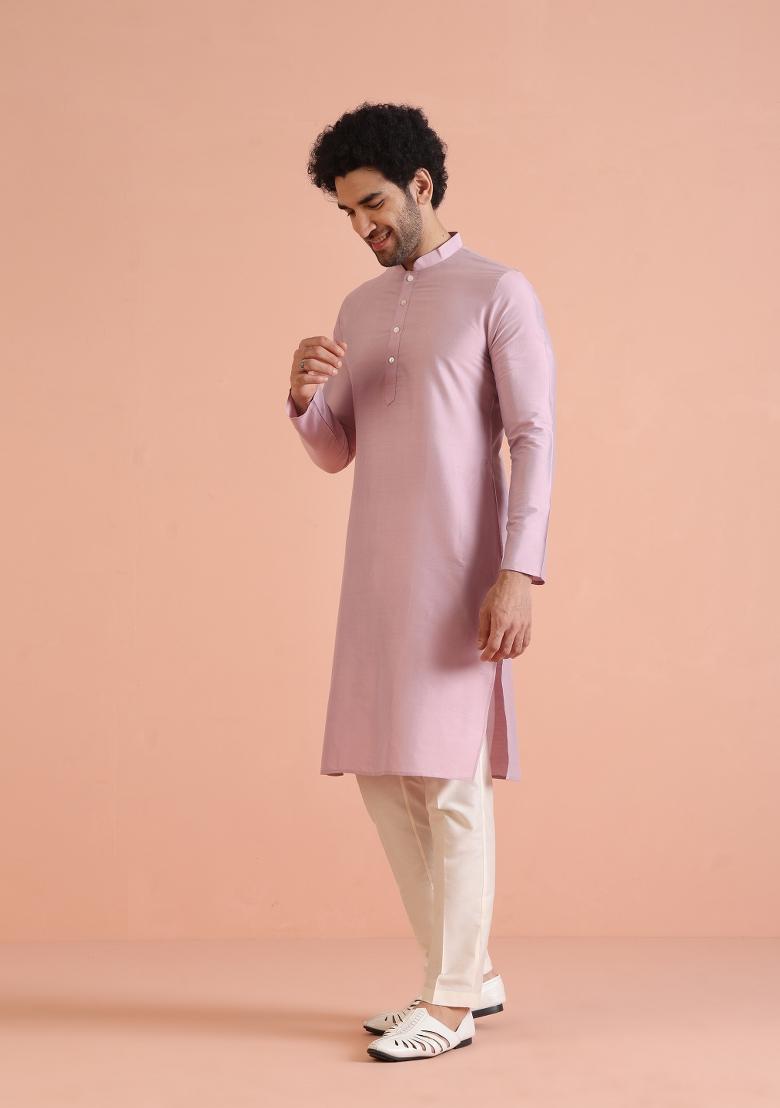 Onion Pink Solid Cotton Blend Kurta For Men