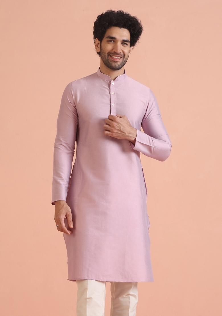 Onion Pink Solid Cotton Blend Kurta For Men