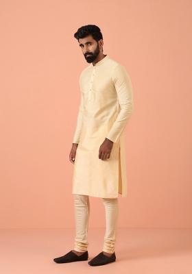 Cream Solid Cotton Blend Kurta For Men