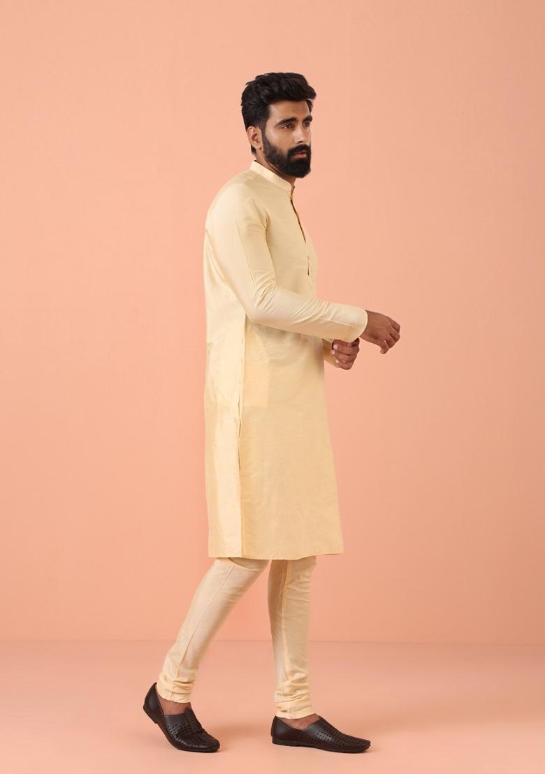 Cream Solid Cotton Blend Kurta For Men