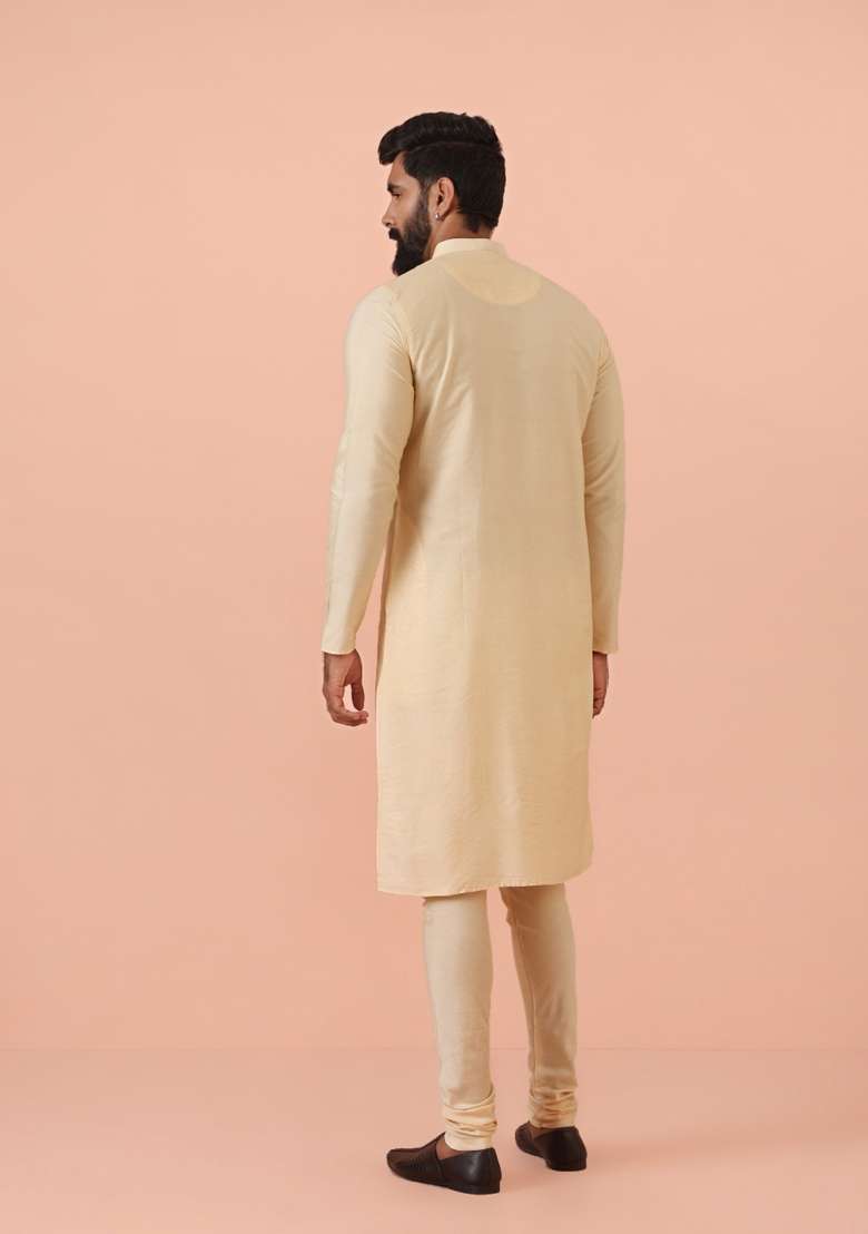 Cream Solid Cotton Blend Kurta For Men - Indya