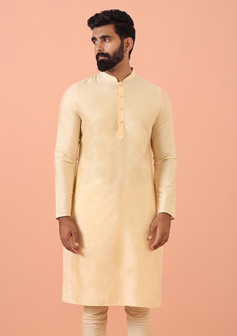 Cream Solid Cotton Blend Kurta For Men