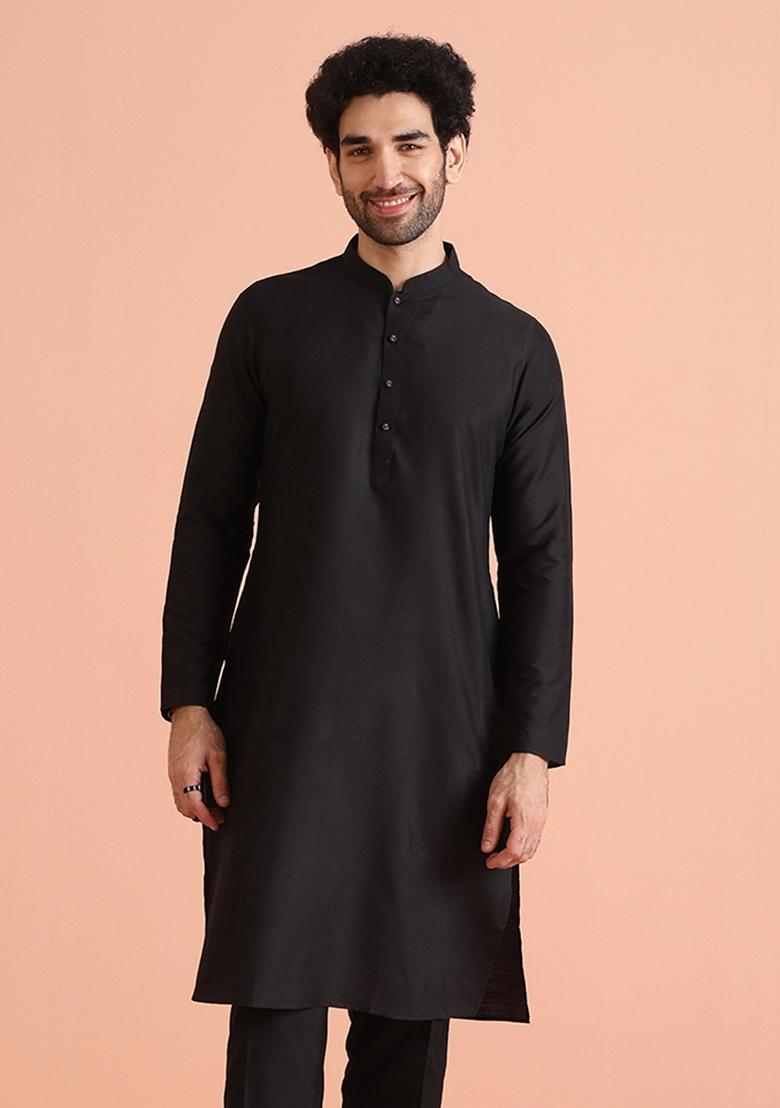 Black Solid Cotton Blend Kurta For Men