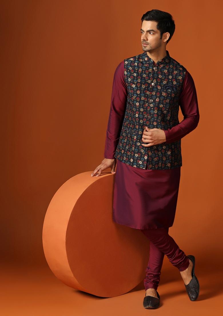 Blue Printed Jacquard Nehru Jacket For Men - Indya