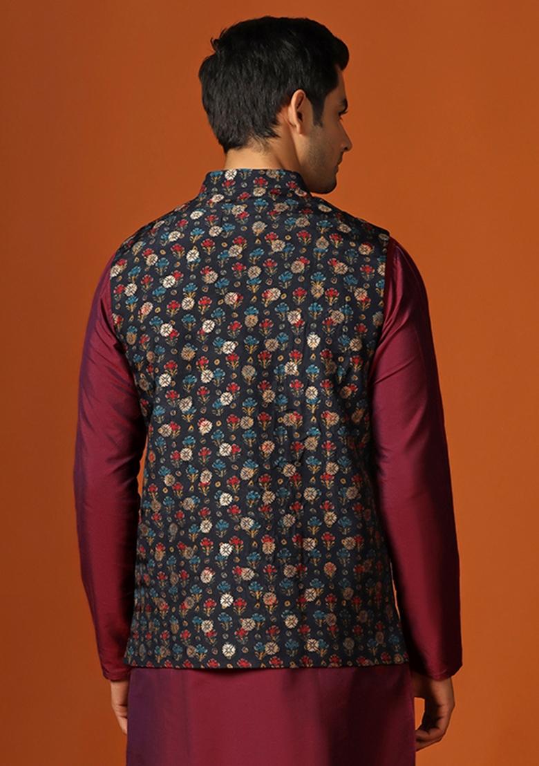 Blue Printed Jacquard Nehru Jacket For Men - Indya
