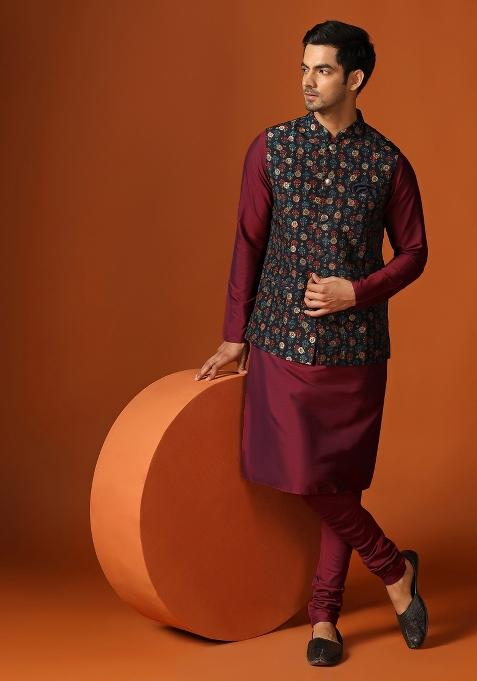 Blue Printed Jacquard Nehru Jacket For Men — view on Indya