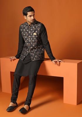 Black Printed Jacquard Nehru Jacket For Men