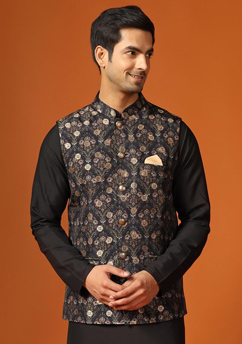 Black Printed Jacquard Nehru Jacket For Men