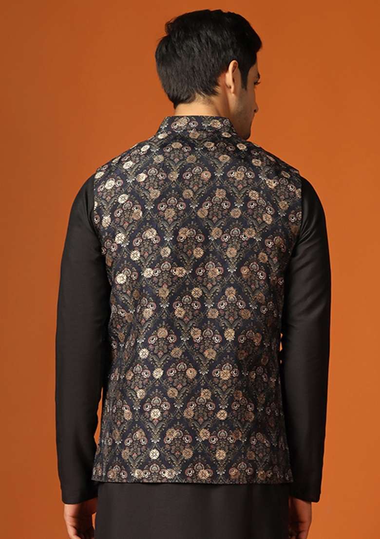 Black Printed Jacquard Nehru Jacket For Men - Indya