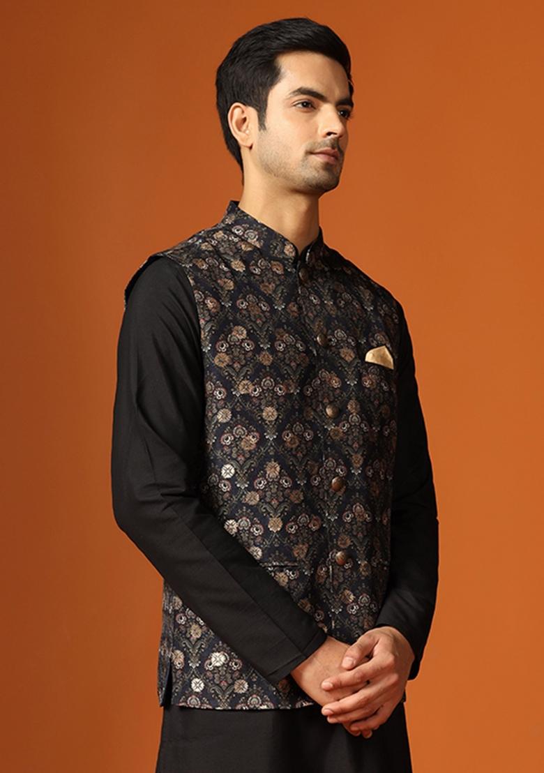 Black Printed Jacquard Nehru Jacket For Men