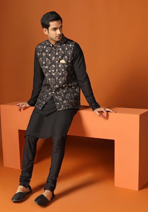 Black Printed Jacquard Nehru Jacket For Men — view on Indya