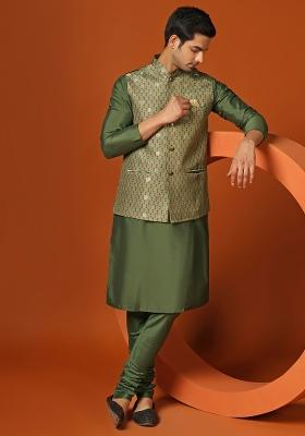 Green Printed Jacquard Nehru Jacket For Men