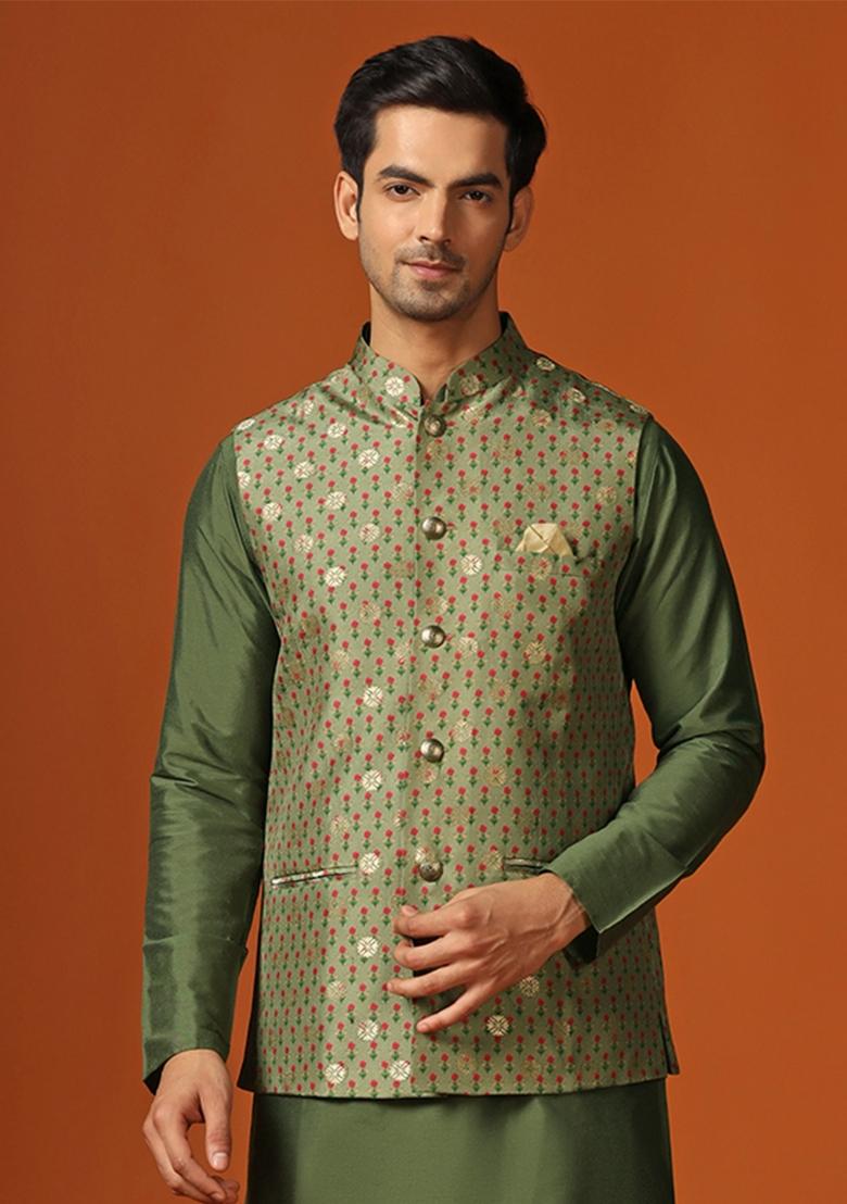 Green Printed Jacquard Nehru Jacket For Men