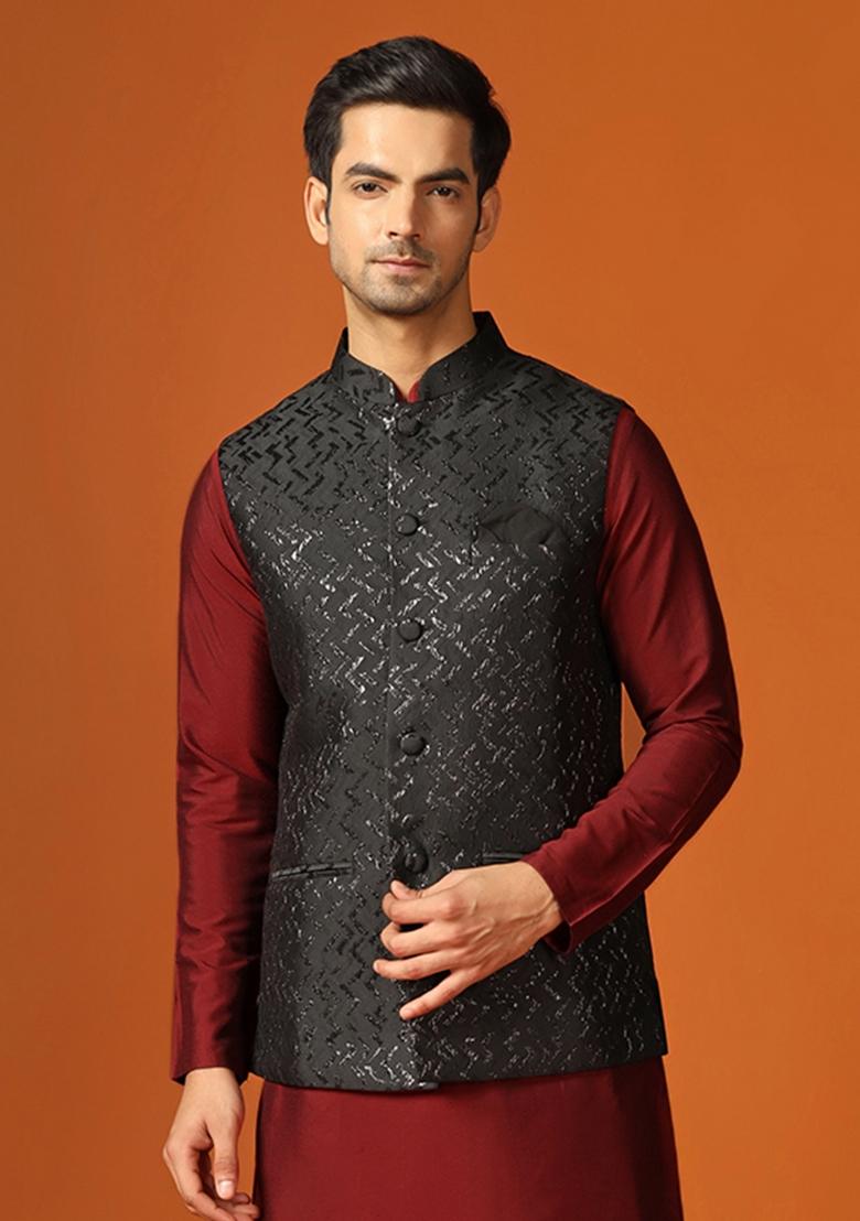 Black Woven Design Jacquard Nehru Jacket For Men