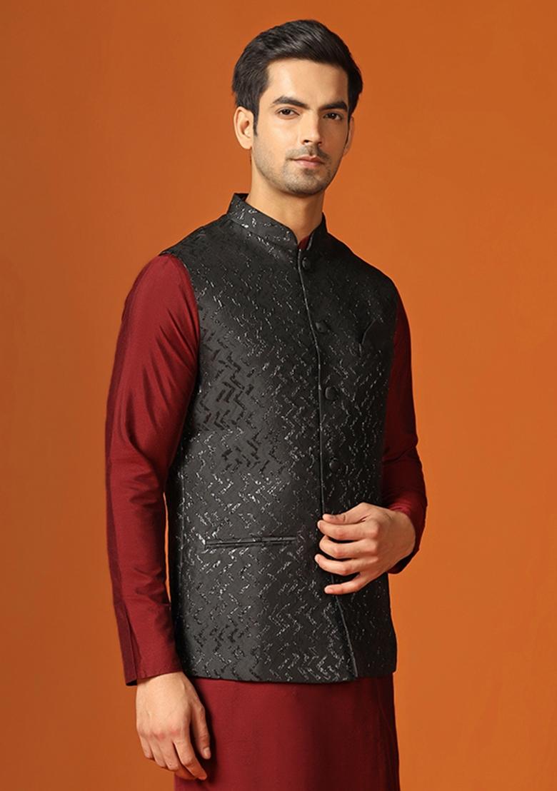 Black Woven Design Jacquard Nehru Jacket For Men