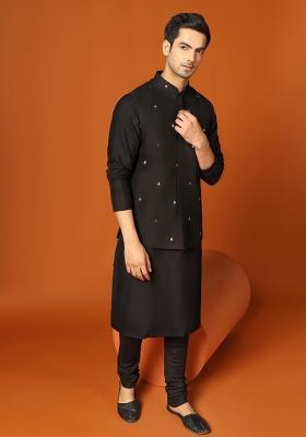 Black Embroidererd Cotton Blend Nehru Jacket For Men