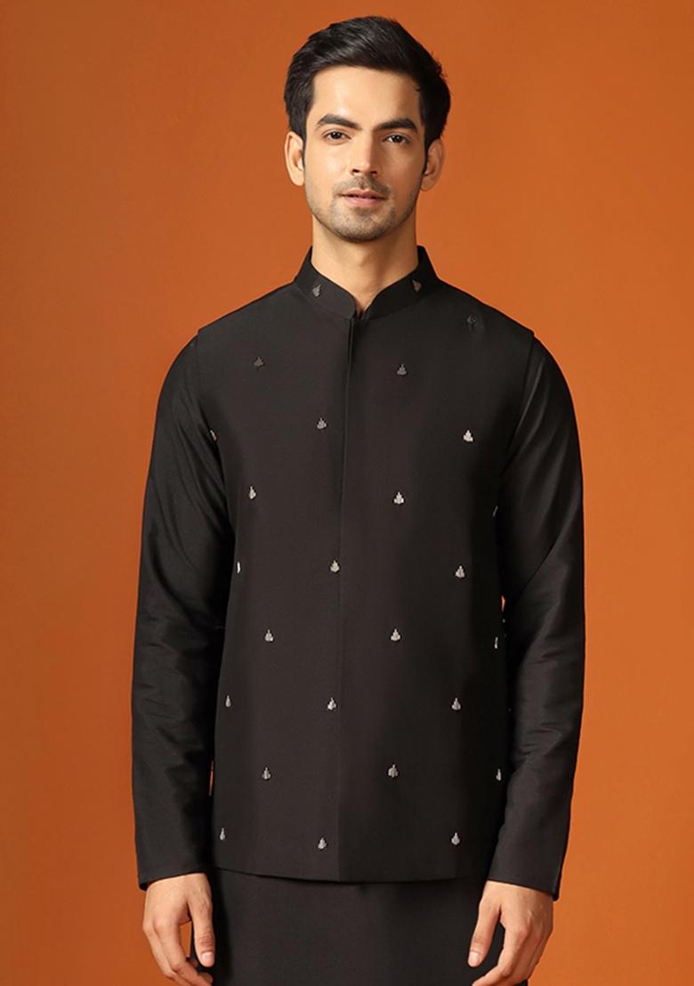 Black Embroidererd Cotton Blend Nehru Jacket For Men