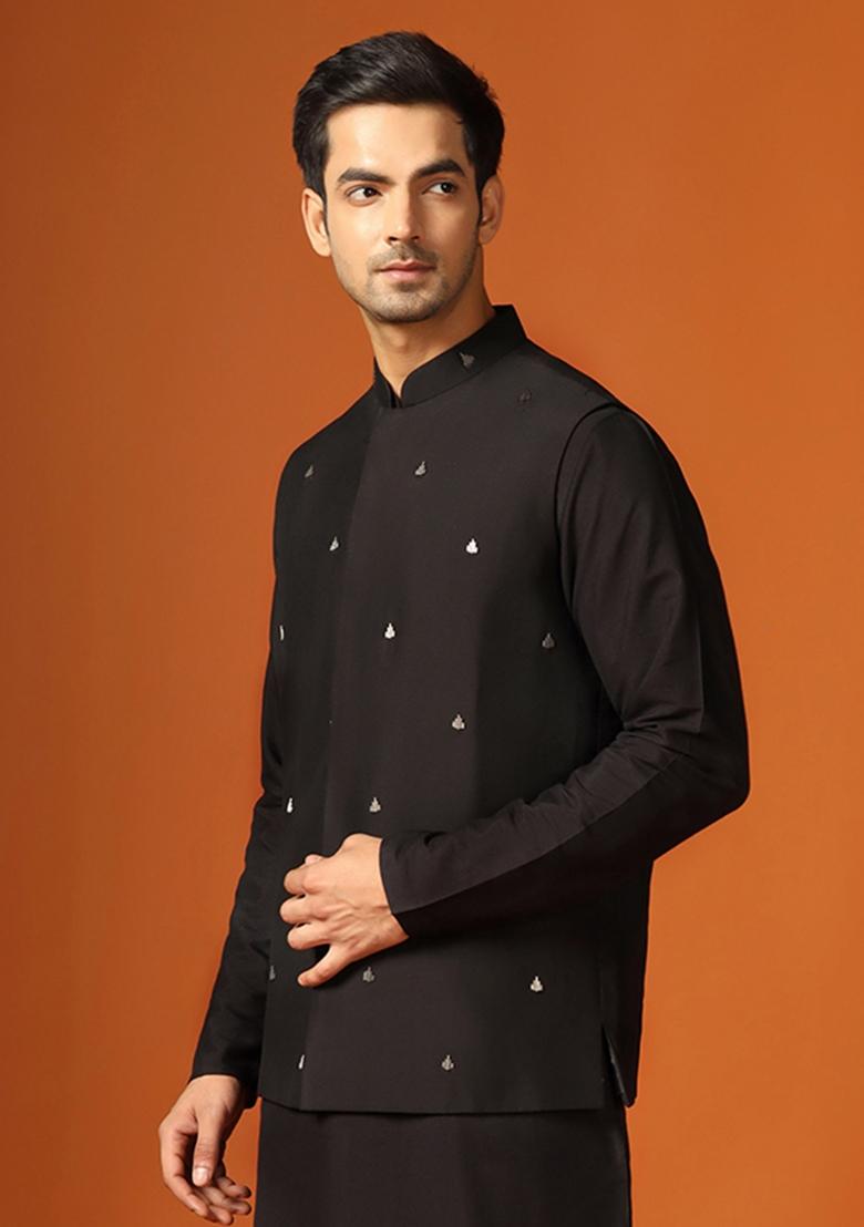 Black Embroidererd Cotton Blend Nehru Jacket For Men
